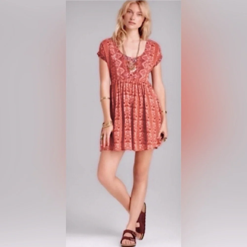 Free People Sundown Boho Babydoll Mini Dress Orange Combo ZB1